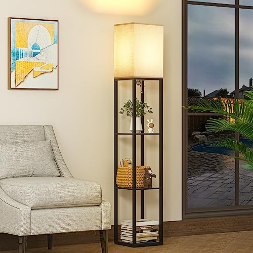 Modern 4 Tier Shelf Floor Lamp with Adjustable Color Temperature for Living Room, Bedroom, Office (Black)
