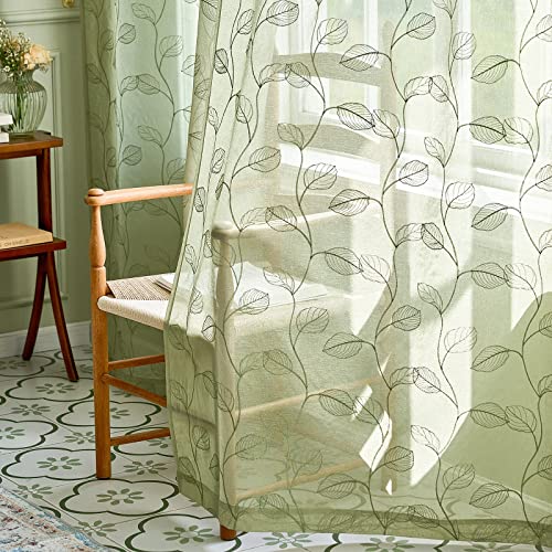 Lazzzy Lot de 2 Rideaux Transparents à Motif de Feuilles brodées de Sauge de 228,6 cm de Long pour Salon, Chambre à Coucher, Voilage avec Passe-Tringle
