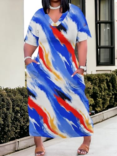 Image of PinkPatty Women's Plus Size Short Sleeve Maxi Dress Casual Loose V Neck Long Dress with Pockets