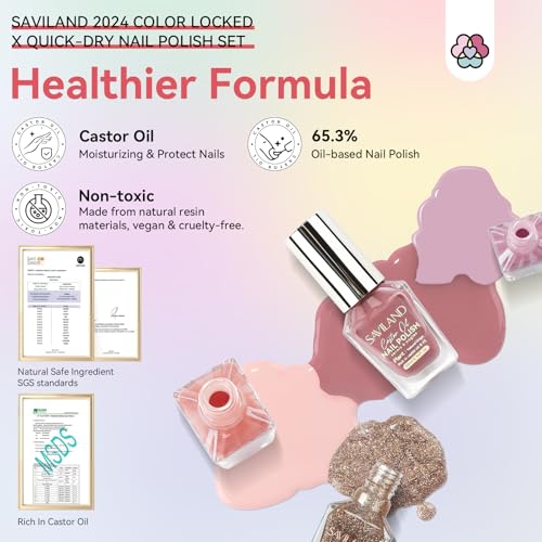 Image of SAVILAND Quick Dry Nail Polish: 6Pcs Hot Sheer Color Fingernail Polish Set Neutral Solid Color Pink Nudes Glitter Nail Polish Kit Castor Oil Non Gel Nail Lacquer Finger Toe Nail Art Home DIY Gift Set
