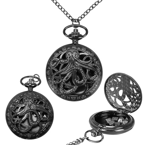 DND Mini Dice Set , Pocket Watch Shell with 7PCS Polyhedral Metal Dice Set Perfect for Dungeons and Dragons, Tabletop RPG and Cards Board Games Board Games Accessory (Octopus Pocket Watch-Black)