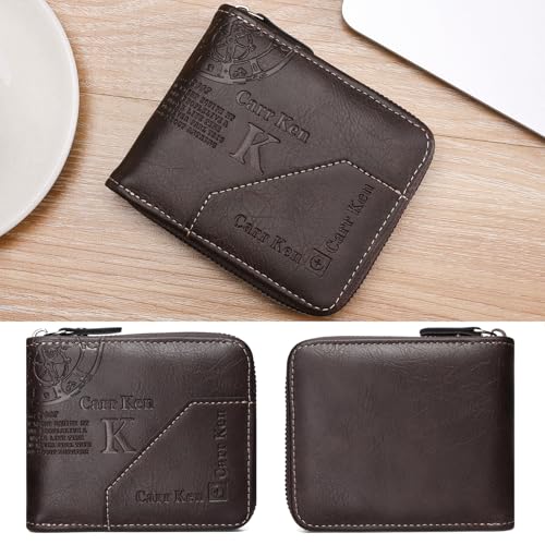 Image of Mens wallet Leather wallet men Wallet Zipper RFID Bifold Wallet for Men ID card Window Credit Card Coin Photo Multifunction Card Slots Gift for Him,Dark Brown