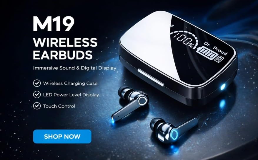 Image of M-19 Wireless Earbuds Bluetooth, LED Charging Case & High Bass Sound