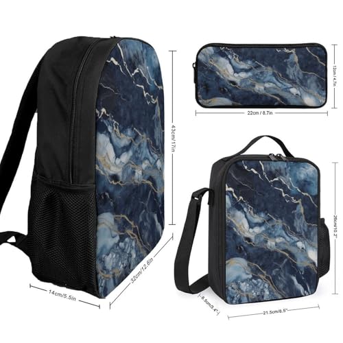 3 Piece Backpack for Women Men Lightweight Causal Daypack Shoulder Bag Set with Insulated Lunch Bag And Pencil Case Organizers Marble Navy Blue Mixed2