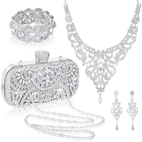 Image of Quelay 4 Pcs Purse Rhinestone Jewelry Set for Wedding Bridal Women Evening Clutch Bag Necklace Dangle Earrings Bracelets