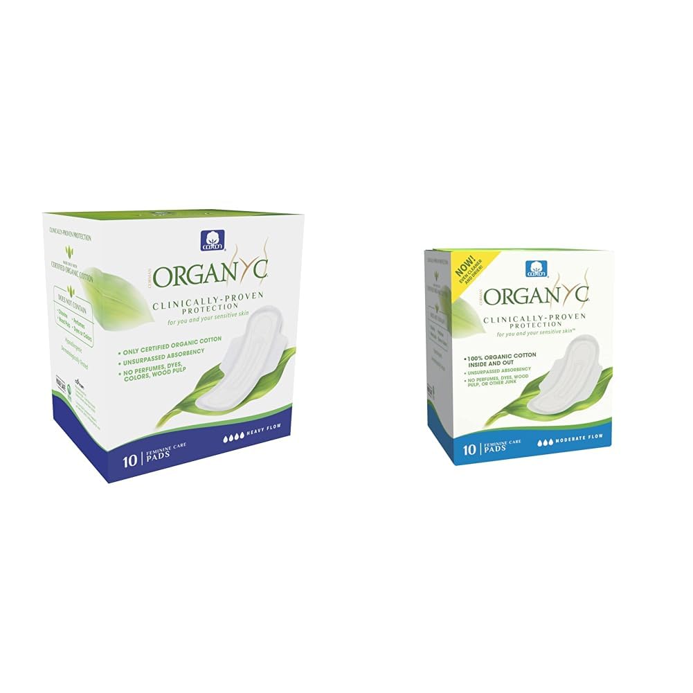 Organyc 100% Certified Organic Cotton Feminine Pads Bundle, Heavy Flow 10 Count & Moderate Flow 10 Count