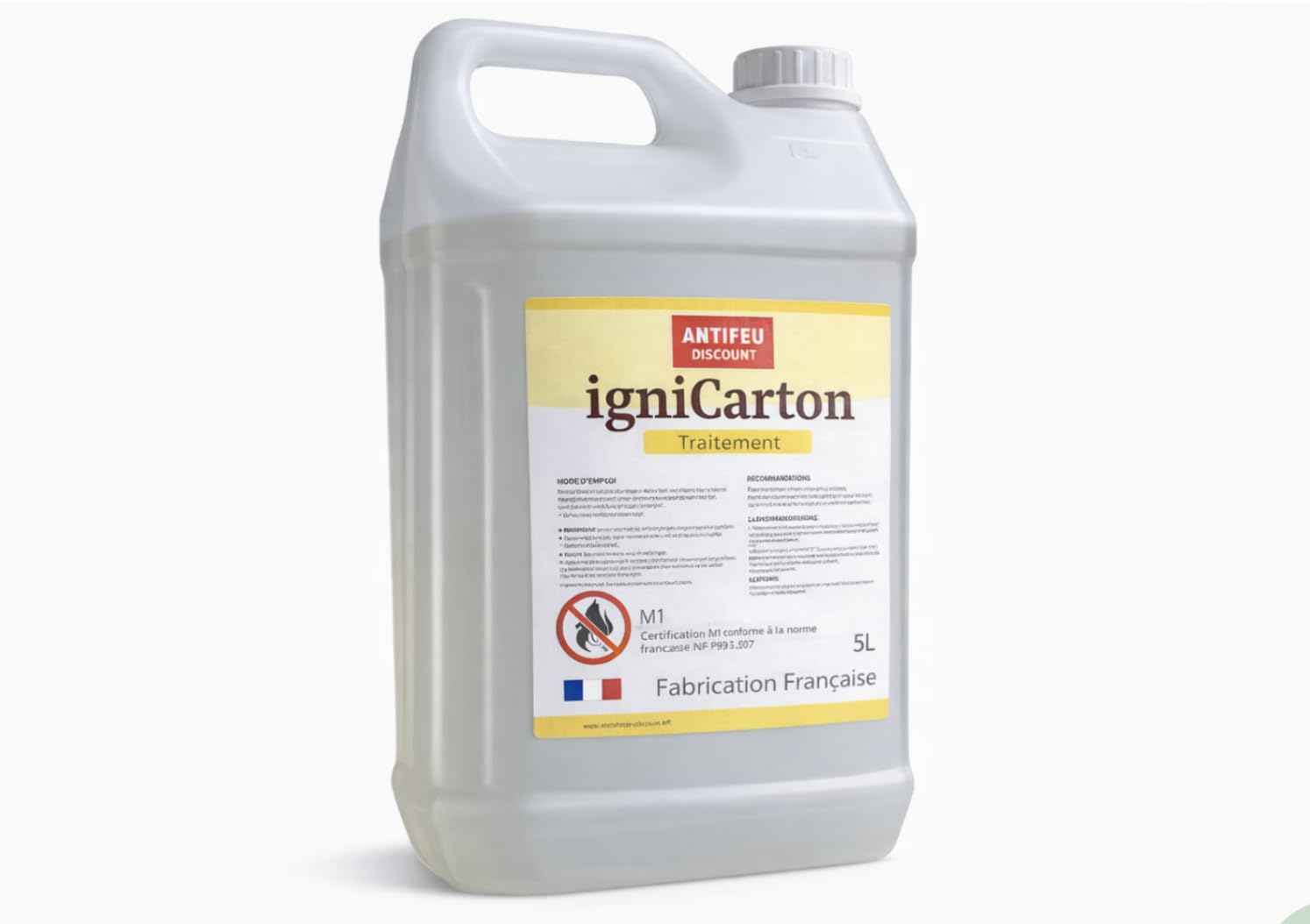 Bidon Ignifuge Anti-feu Carton M1 – Attestation M1 fournie - Pulvérisateur fourni et prêt à l’Emploi – 5 L = 22,5 m² de Carton ignifugé - Fabrication française.