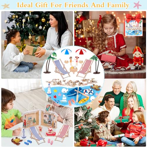 Amzeeniu Strand-Mikrolandschaft 42 Stück Mini-Stranddekorationen Miniliegestuhl Kleine Palme Deko Muscheln Deko Schildkröte Deko für DIY Zen Garten Dekoration Einzigartiges Geschenk Surfbrett deko