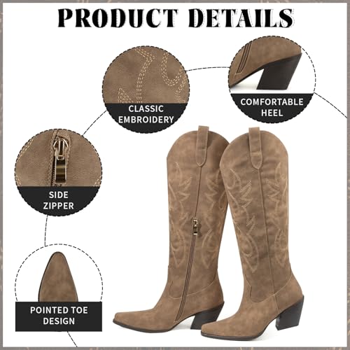 MISSMILLER Women's Embroidered Wide Calf Western Cowgirl High Knee Boots Pull On Pointed Toe Cowboy Tall Boots for Ladies2