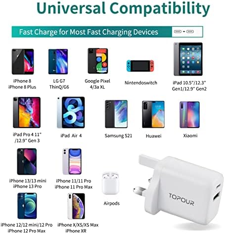 USB C Plug, TOPOUR 30W USB C Charger, PD/QC 3.0 Durable Compact Fast Charger, for iPhone 14/14 Pro/14 Pro Max/13 Pro/13 Pro Max, iPad, Galaxy, Huawei (Cable not included)