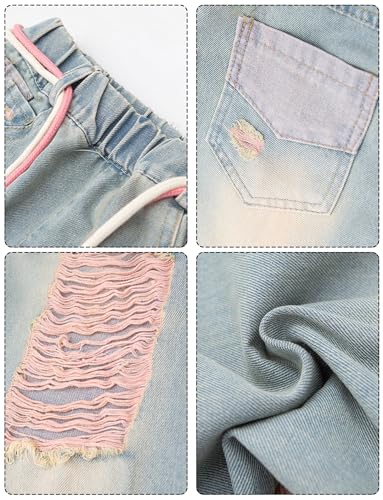 AUBIG Kids Girl's Casual Jeans High Elastic Waist Cool Ripped Jeans Straight Leg Distressed Denim Pants with Pocket4