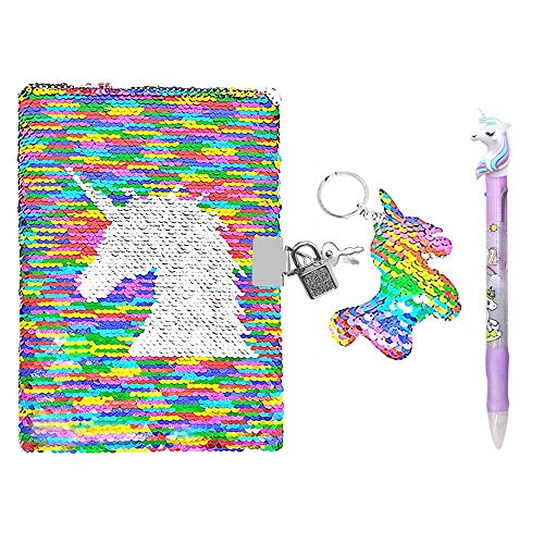 QearFun Unicorn Sequin Journal Mermaid Sequin Notebook with Ballpoint Pen Reversible Sequin Journal Flip Sequin Notebook for Kids Girls Diary Unicorn Journal Gifts (Multicolor with lock)