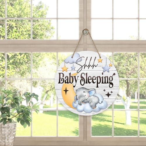 Image of Shhh Baby Sleeping Front Door Sign, Elephant Moon Cloud Stars Wood Door Hanger Nursery Kids Bedroom Decor, Infant Toddler Baby Boy Girl Room Rustic Wooden Wreath Indoor Wall Hanging Decoration