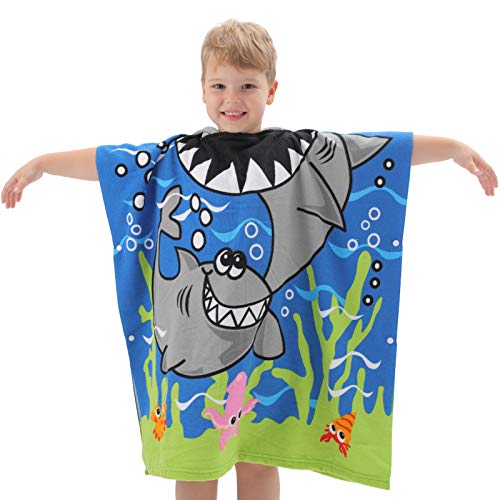 Image of NovForth Kids Beach Towel for Boys Girls, Shark Hooded Bath Towel Wrap, Toddler Pool Towel with Hood
