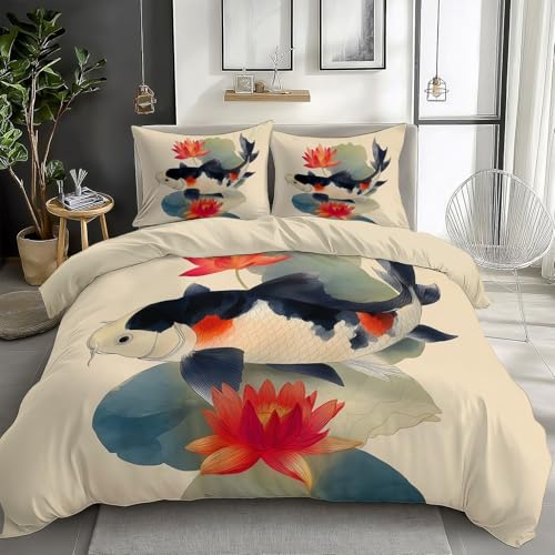 Quixora Housse de Couette Crème 180 x 200 cm, Parure de Lit Oriental Encre Lotus Poisson Koi avec Fermeture Éclair, 2 Taies d'oreiller 65x65cm, Linge de Lit...