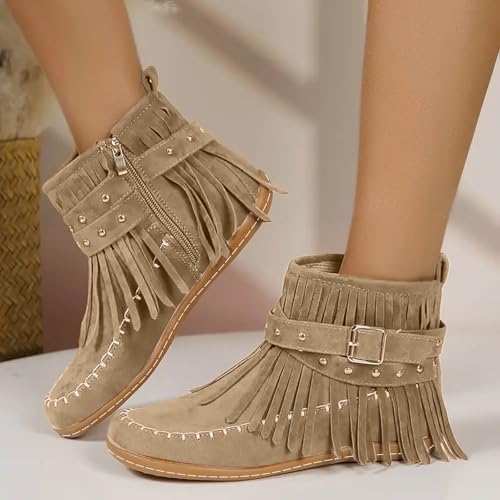 Ankle Boots for Women,Women's Fringe Ankle Boot Round Toe Flats,Winter Warm Fashionable Western Outdoor Short Boot with Zipper Non Slip Boots for Women,Fall Booties for Woman 20252