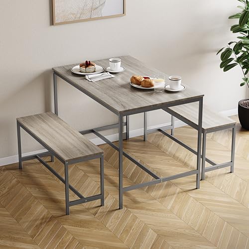 Vida Designs Roslyn - Mesa de Comedor de 4 plazas con 2 Bancos, Juego de 3 Piezas, Muebles de Comedor con Marco de Metal sólido (Roble)