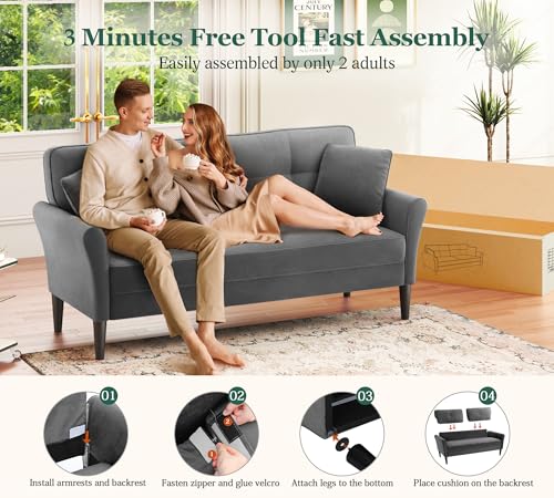Domusensus 3 Sitzer Sofa Klein, 175 cm Kleines Sofa 3 Sitzer, Bequemes Kleines Sofas für Jugendzimmer, 3 Minuten Schnelle Montage ohne Werkzeug, Modernes Couch Klein für Wohnung oder Büro, Grau