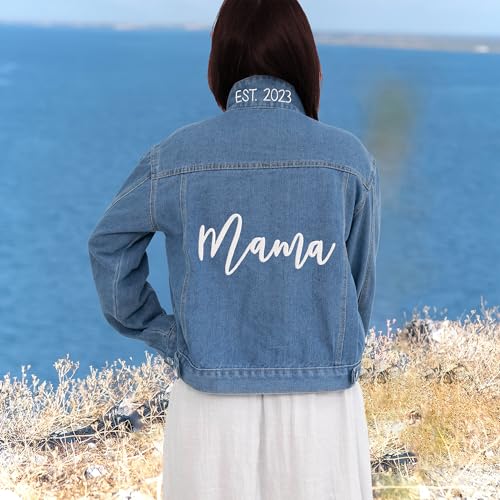 LULLBABYMALL Custom Mama Denim Jacket With Pearls, Embroidered Jacket For, Mama EST Denim Jacket Pearls, Custom Kids Names On Sleeve, Embroidered Denim Jacket4
