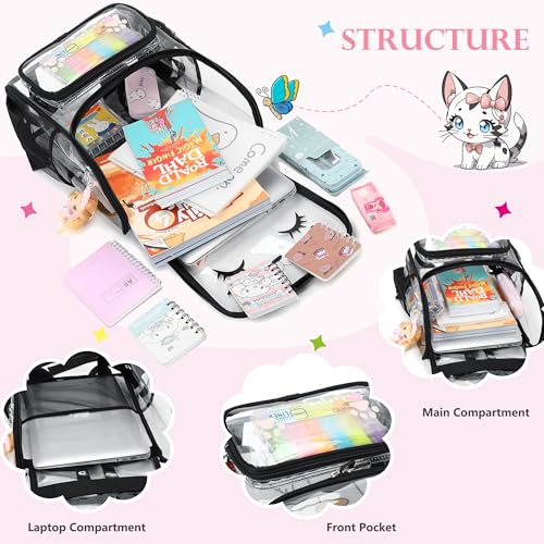 AO ALI VICTORY Girls Backpacks with Tote Bag Heavy Duty PVC Transparent Cute Backpack for Kids Toddler Girls Preschool Bookbags Elementary School Bags See Through Casual Travel Daypack, Black Set4