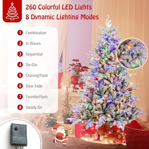 Image of Goplus 6ft Pre-Lit Snow Flocked Christmas Tree, Artificial Hinged Full Xmas Tree with 260 Multicolored LED Lights, 8 Lighting Modes, 820 PVC & PE Tips, Lighted Fake Christmas Tree for Office Home