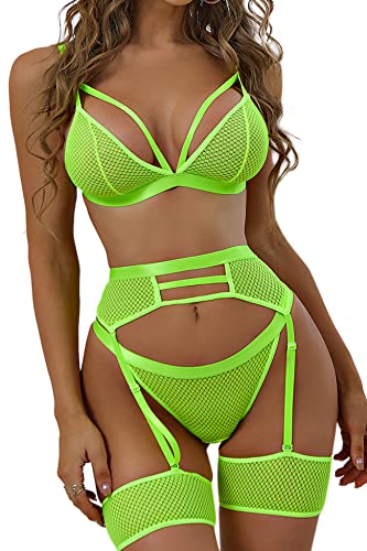 Aranmei Sexy Dessous-Set für Damen - 4-teiliges Dessous-Set mit Strumpfgürtel und Straps-Trägern, Netz-BH und Höschen, hohe Taille,...