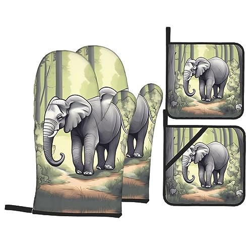 GGNKDL Juego de 4 manoplas de horno con patrón de elefante caminante para hornear en la cocina, impermeables, resistentes al calor y duraderos