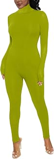 BGKKTLW Women's Long Sleeve Mock Neck Bodycon Jumpsuit Unitard Bodysuit One Piece Sexy High Waist Embroidery Long Pants Romper Clubwear