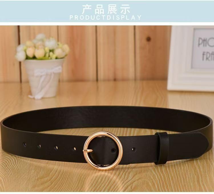 Women's Leather Belt with Round Gold Buckle, Black, Fashion Casual Waist Belt3