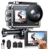 Action Cam 4K Unterwasserkamera Wasserdicht 40M, WiFi Ultra HD 20MP Touchscreen 170°Weitwinkel EIS Bildstabilisator Dual-Screen Helmkamera mit Fernbedienung und 2 Akkus