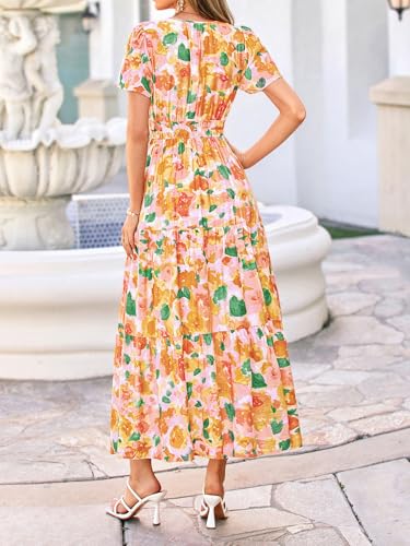 Image of BTFBM Womens Summer Floral Maxi Dresses V Neck Short Sleeve Boho Casual Flowy Long Wedding Guest Dress Beach Vacation