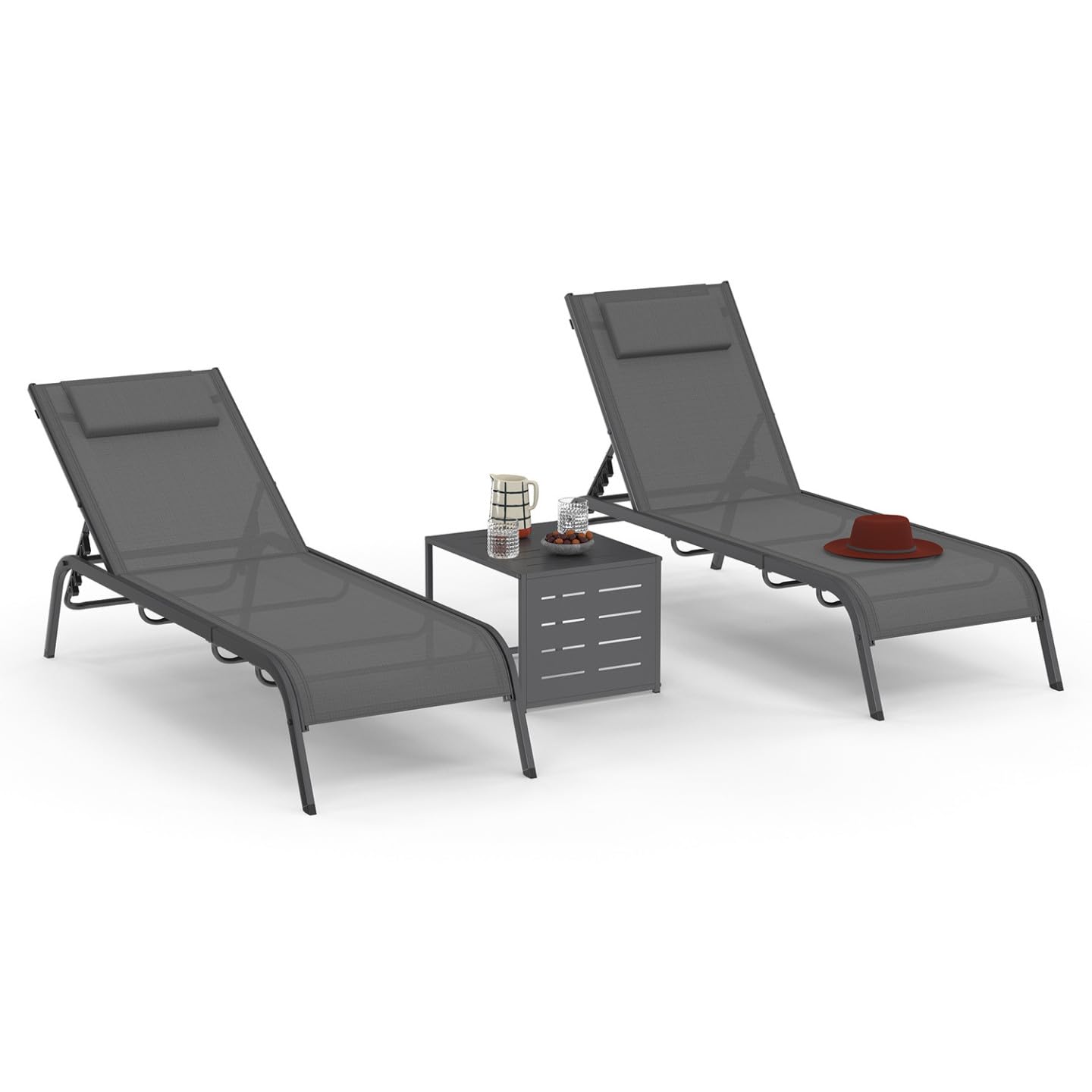 IDMarket - Juego de 2 tumbonas de jardín reclinables Bora con mesa auxiliar modular de acero gris antracita y lona gris