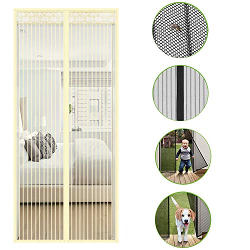 ZHUAN Cifrado De Rayas Súper Silenciosas Mosquitera Puerta,Heavy Duty Magic Tape Mesh Curtain Screen Cinta Mágica De Marco Completo Cortina De Malla Beige 150x210cm(59x83inch)