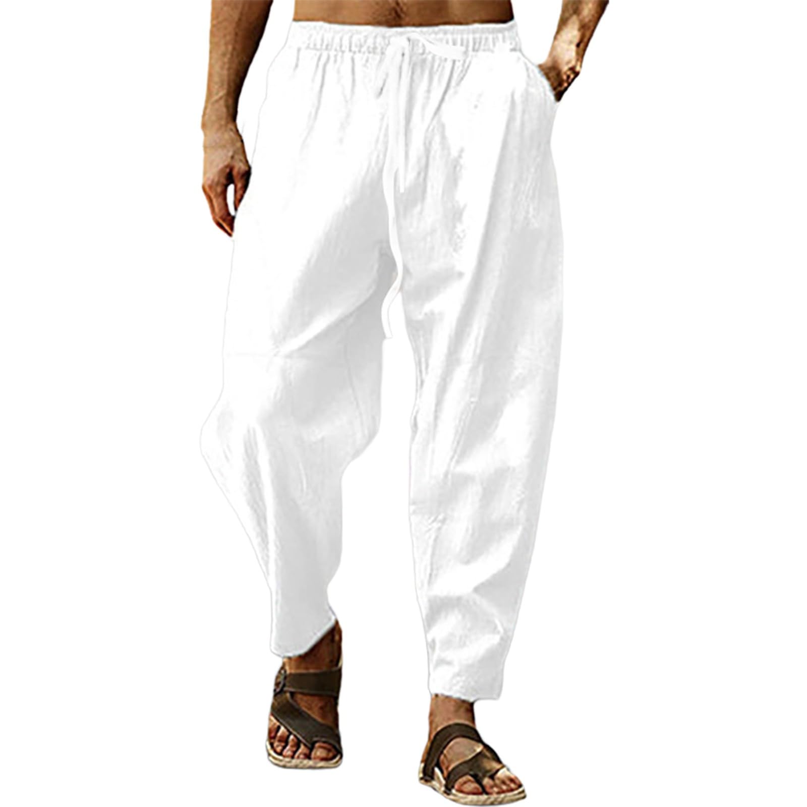 BUKKNYE Mens Linen Harem Pants Oversize Hippie Trousers Lightweight Drawstring Elastic Waist Big and Tall Hip Hop Trousers Yoga Hiking Workout Sweatpants with Pockets White