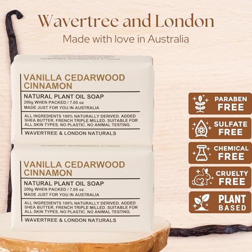 Image of Wavertree & London Vanilla Cedarwood Scented Natural Soap Bars (2 Bars), 7oz Moisturizing French Triple Milled Soap enriched with shea butter - Plant Oil Bath & Body Soap Bars [100% Naturally derived]