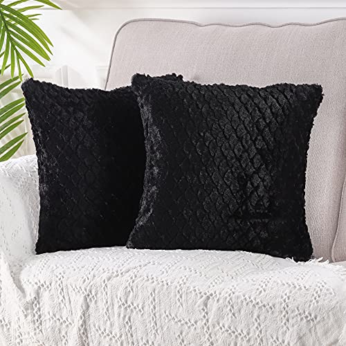 Mandioo Pack Of 2 Luxury Soft Plush Faux Fur Decorative Throw Pillow Covers Set Cushion Cases Pillowcases For Couch Sofa Bedroom Car 18X18 Inches,Black #TOP13
