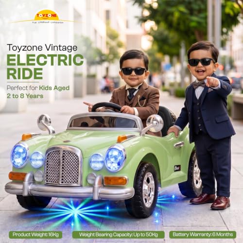 Image of Toyzone Vintage Electric Car (Green) | 12V Rechargeable Car for Kids with 8Ah Battery | LED Lights, Music, MP3 /USB /BT | Smooth Acceleration | 6M Battery Warranty | Age 2-9 Years, Upto 35 kg