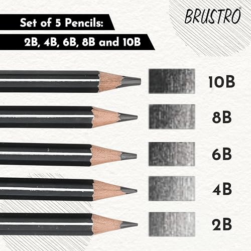Image of BRUSTRO Artist's Graphite Pencil set | Set of 5 (2B, 4B, 6B, 8B, 10B) | Pre Sharpened, Lightweight, Break-resistant, Ideal for Students and Adults, Students, Professional Drawing,Sketching,Mandala Art