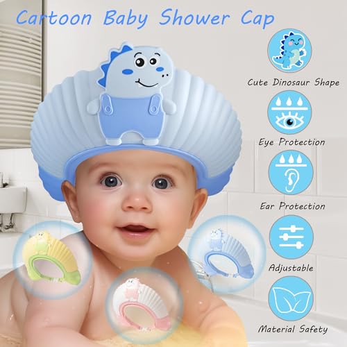 Image of Baby Shower Cap Shield, Shower Cap for Kids, Visor Hat for Eye and Ear Protection for 0-9 Years Old Children, Cute Little Dinosaur Shape Makes The Baby Bath More Fun (Blue) | Ages 0-9 Years, Kids Visor Hat, Bath Time Fun, Eye & Ear Shield