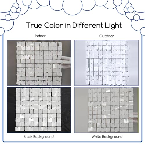 Image of COKAOBE Mirror White Shimmer Wall Backdrop, 24PCS Square Sequin Shimmer Backdrop Panel, Photo Backdrops for Birthday, Anniversary, Wedding, Graduation & Bachelorette Party Decoration