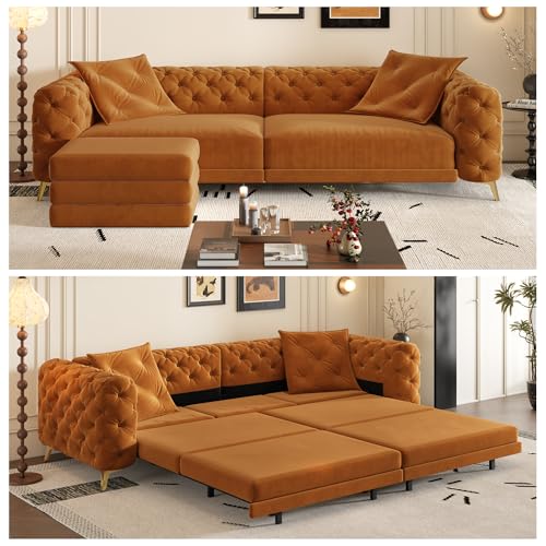 XOCN 97.7" King Size Sleeper Sofa Bed, 3-in-1 Convertible Pull Out Chesterfield Sleeper Couch with Ottoman, Oversized Velvet Button Tufted L Shaped Sofa for Living Room Small Spaces, Orange