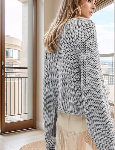 Image of Yimoon Womens Crop Cardigan Sweater Chunky Crewneck Open Font Button Down Cropped Knitted Sweater 2024 Fall (Grey-L)