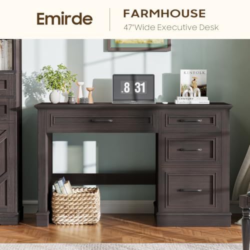 Image of Farmhouse 47 inch Executive Desk with File Drawer, Computer Desk with 4 Drawers, Workstation for Writing, Study, Home Office, Espresso.