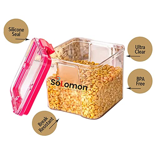 Image of Solomon Plastic Lockbpx Kitchen Fridge Container Transparent Jar Airtight Food Grade Quality Product Used for Daily Storage Spices Dryfuit Tea Salt 700ml (Pack of 6 Pink)