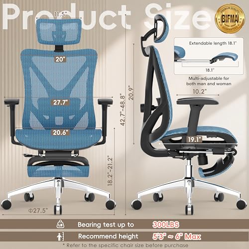 Image of GABRYLLY Ergonomic Office Chair - 135 Reclining Desk Chair with Adjustable Lumbar Support, 3D Armrest, Large Headrest & Heavy Duty Steel Base, 300LBS Mesh Task Chair, Navy Blue