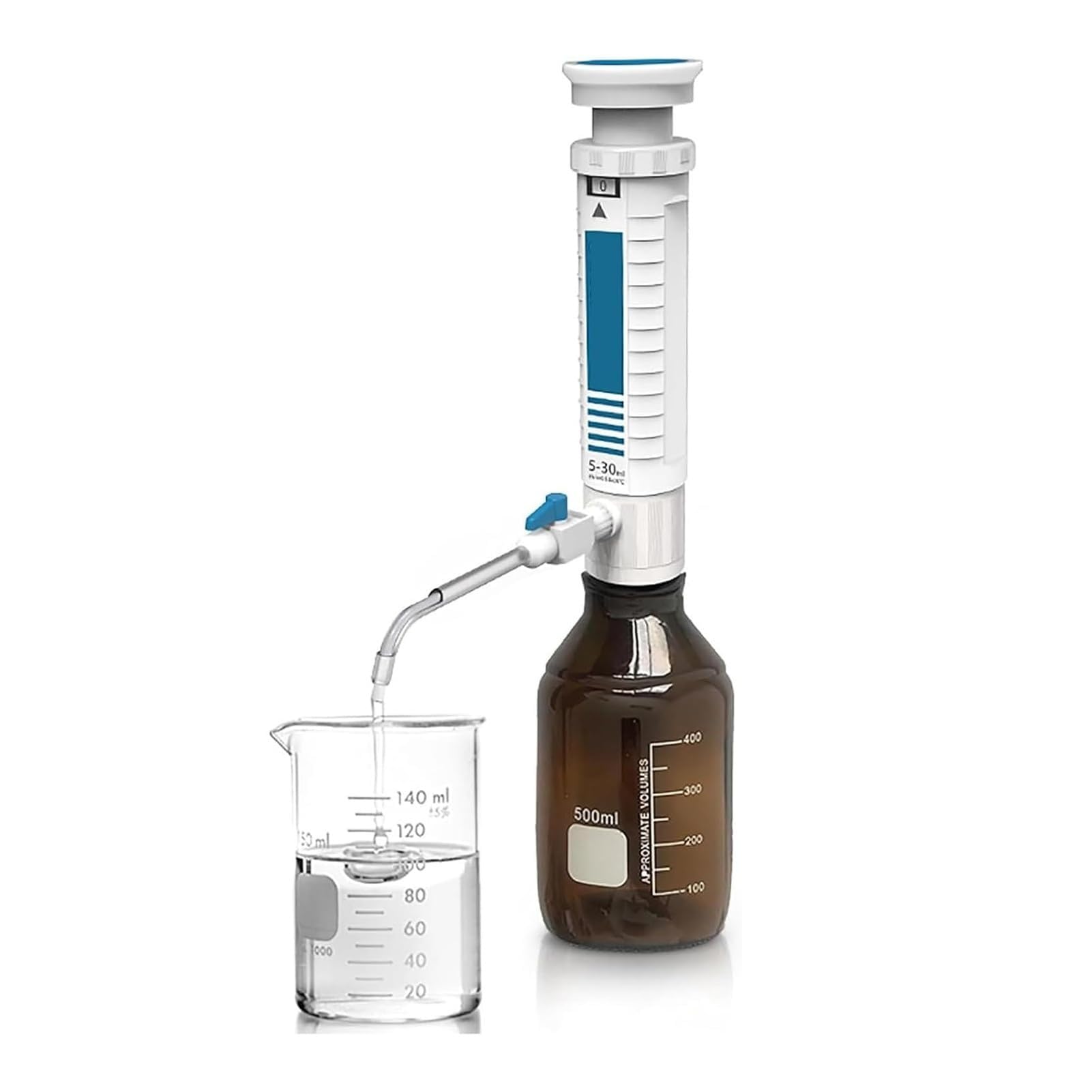 Dozownik Butelkowy 0,5–60 Ml, Dozownik Laboratoryjny, Z Zaworem Standardowym, Regulacją Przekładni, Zwrotnym Zaworem Bezpieczeństwa, Wyświetlaczem Cyfrowym