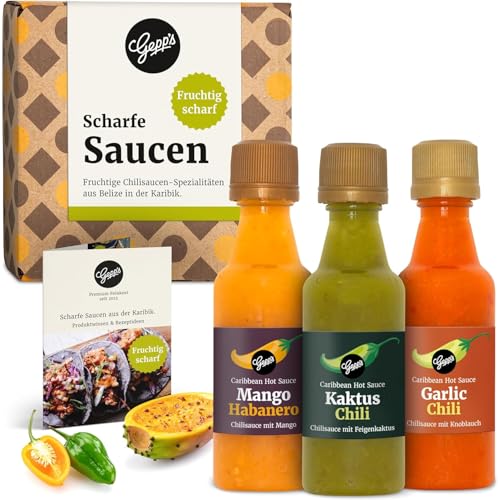 Gepp‘s Feinkost fruchtige Saucen Set I Hot Sauce Set mit 2 Habanero Chili Saucen und mexikanischer Kaktus-Chilisauce I Scharfe Soßen Set hergestellt nach eigener Rezeptur I Chili Geschenkset, 3 x 50ml