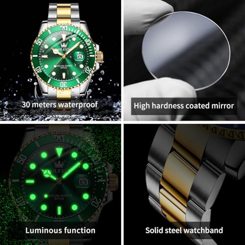 Image of OLEVS Watches for Men Classic with Date Business Dress Luxury Big Face Green /Black /Blue Waterproof Luminous Mens Wristwatch Analog Two Tone Stainless Steel Male Watch