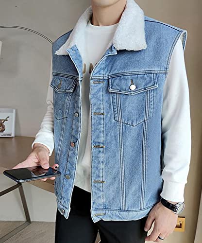 Men`s Winter Sherpa Lined Denim Vest Fleece Sleeveless Jean Jacket Waistcoat4
