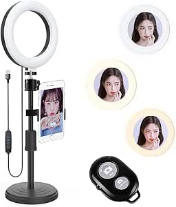 LEDリングライト リングライト スマホスタンド 卓上型6インチ 自撮りライト 女優ライト 卓上ライト 3色モード 10段階調光 360度回転可能 安定感 スマホホルダー・リモコン付き 撮影照明用ライト USB給電 YouTube/TikTok/Web会議/Zoom/テレワーク/生放送/自撮り/美容化粧/ビデオカメラ撮影用